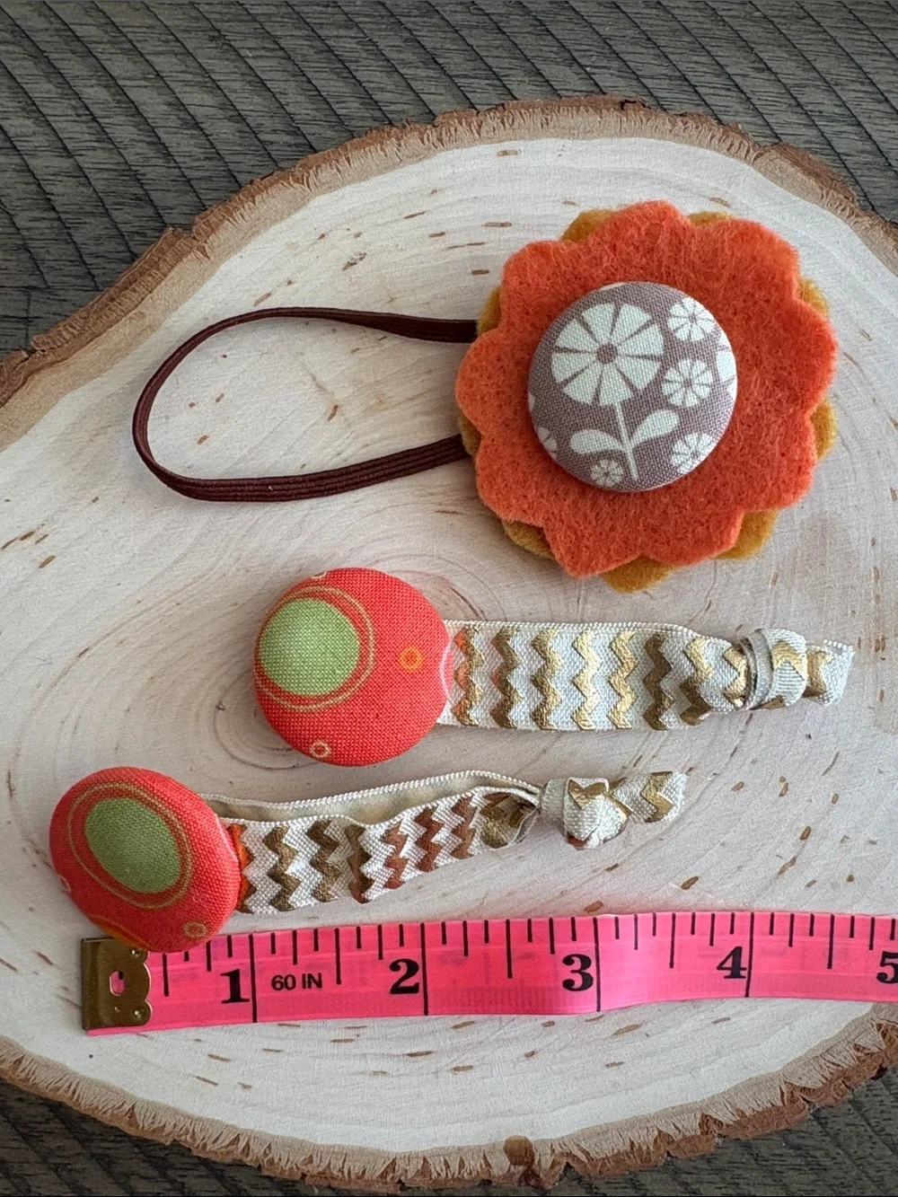 Orange Felt Flower Hair Tie and Coral Button Clips for Kids